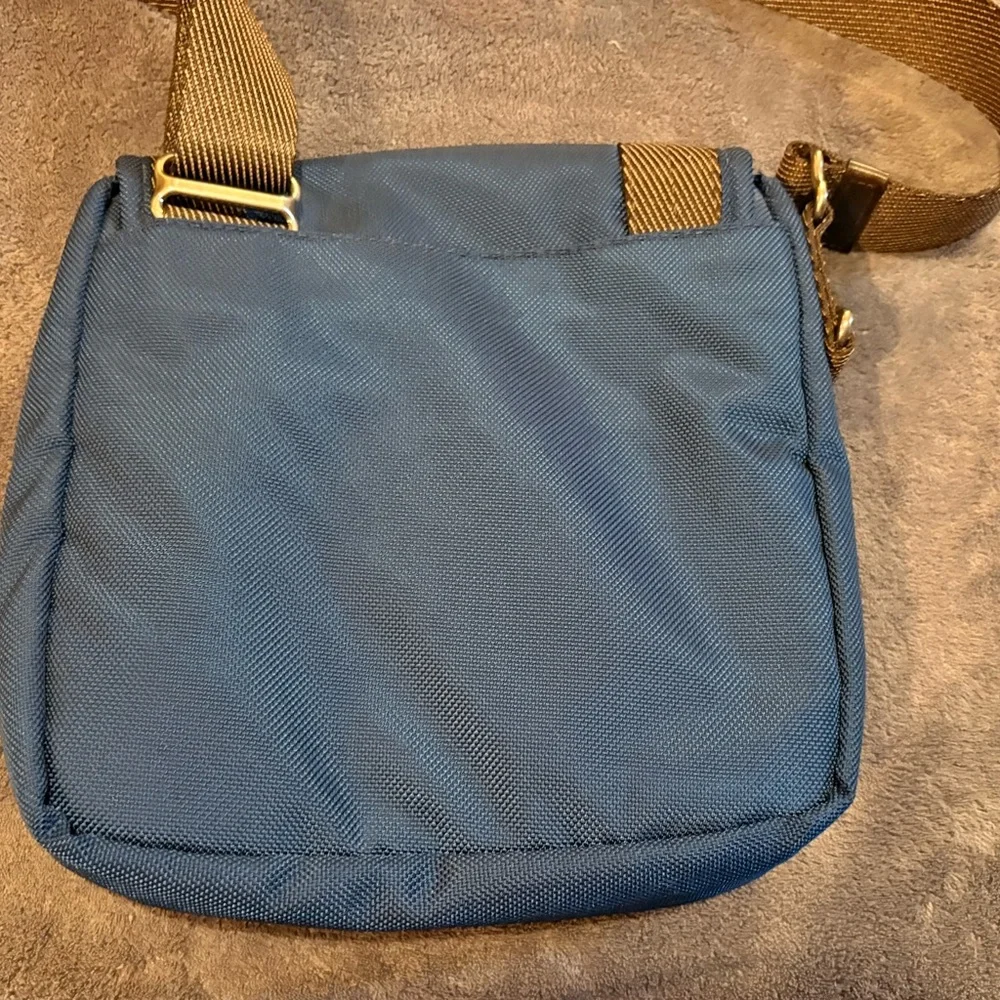 Tumi Blue Messenger Bag with Brown Trim
